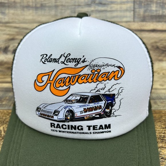 Roland Leong's Hawaiian Racing Team 1970 Mens Trucker Hat Olive Snapback 70s Cap - Picture 3 of 8